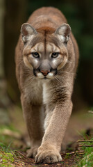 Puma Cat Walking in Forest Viewed from Front with Intense Focus