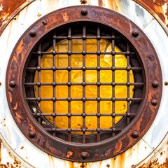 Close-up of a rusty, circular window with a metal grate and yellow glow