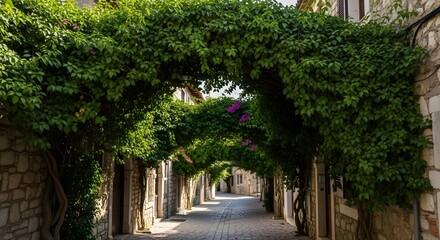 Obraz premium Charming stone pathway covered by lush green foliage creating a natural archway in a European village