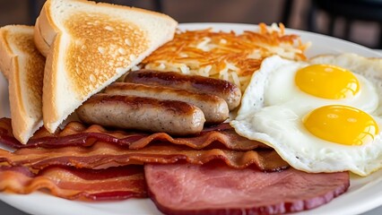 Delicious Full Breakfast Spread: Eggs, Bacon, Sausage, Ham, Hash Browns and Toast
