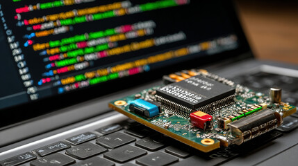 Electronic circuit board on a laptop with colorful programming code background.
