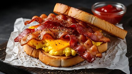 Delicious Bacon, Egg, and Cheese Breakfast Sandwich on Toast with Ketchup