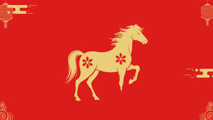Obraz premium Golden horse illustration with floral accents on a red background symbolizing good fortune and Chinese New Year celebrations perfect for festive designs