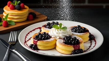 Delicious Fluffy Souffl&eacute; Pancakes with Blueberries, Whipped Cream, and Sprinkled Powdered Sugar
