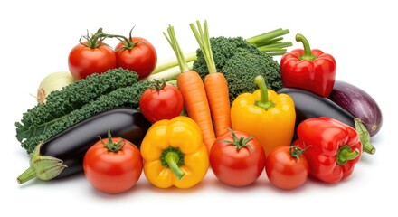 A colorful assortment of fresh vegetables including tomatoes, carrots, broccoli, and bell peppers.
