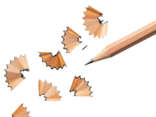 Wooden graphite pencil with sharp tip and curled wood shavings on a transparent background