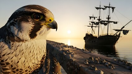 Hawk Gazing at Sunset Ship