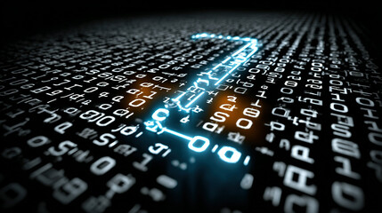 Digital data stream with a glowing pathway through binary code and text.