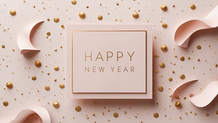 A Happy New Year card design using cloud pink color as background, surrounded by golden polka dots