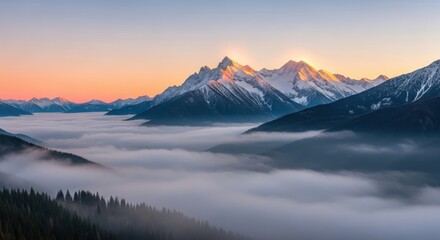 Fototapeta premium Majestic mountain range illuminated by sunrise, with mist rolling through the valleys below