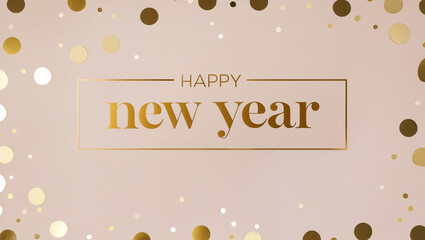 A Happy New Year card design using cloud pink color as background, surrounded by golden polka dots