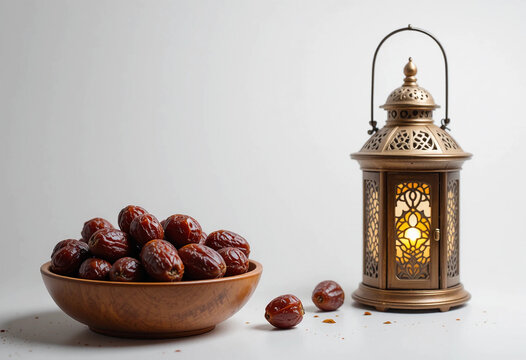 Dates in a wooden bowl and Lantern isolated on white background. It's perfect for Islamic holidays like Ramadan, eid al fitr, eid al adha. Ramadan background. 3d rendering.
