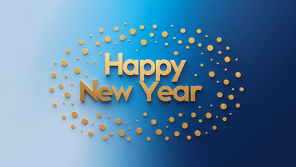 Happy New Year card featuring a smooth blue gradient that transitions from a light sky blue at the top to a deep navy blue surrounded by a scattering of small gold polka dots