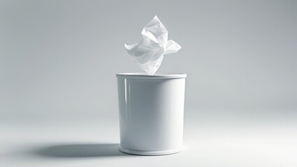 Crumpled paper flying to the wastepaper basket isolated on white background