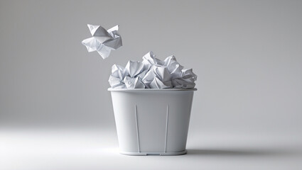 A crumpled paper flying to the wastepaper basket fulled with crumpled papers isolated on white background