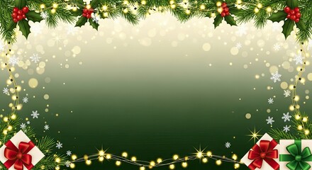Christmas-themed background with green and white colors, adorned with holly and pine branches, and decorated with golden lights and snowflakes.