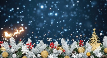Christmas tree with ornaments and snowflakes against a dark blue background with glowing lights.