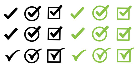 Check mark icons in black and green colors, featuring various styles like plain, circled, and squared