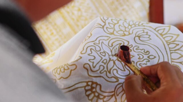 Indonesian artist painting traditional batik fabric with hot wax