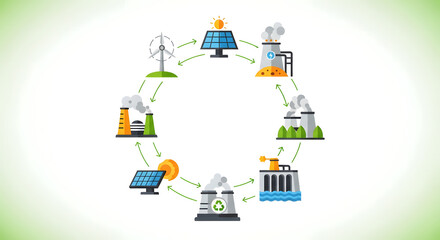 Obraz premium Renewable energy cycle illustration showing solar panels, wind turbines, and power plants connected in a loop
