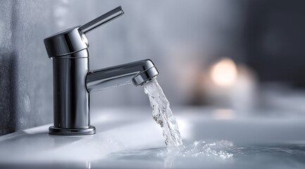 A modern faucet with flowing water, symbolizing cleanliness and contemporary design in a stylish bathroom setting.