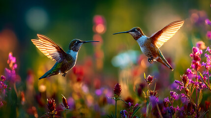 Naklejka premium Hummingbirds Hovering Near Wildflowers in Glowing Forest Light