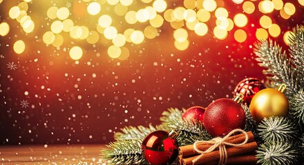 Christmas decorations with red and gold baubles and cinnamon sticks on a red background with snowflakes.