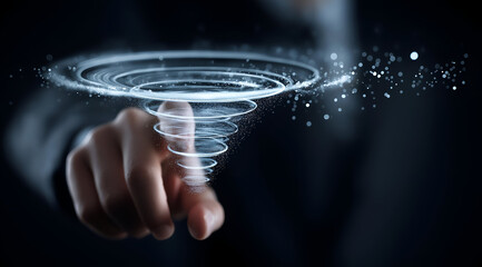 A professional hand gestures towards a swirling vortex of light, showcasing innovative technology and digital creativity.
