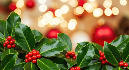 Christmas holly leaves and berries with festive lights in the background.