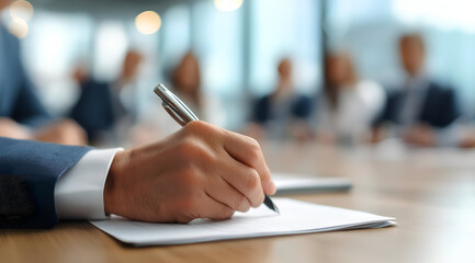A professional hand writing notes in a modern conference room, symbolizing teamwork and collaboration in corporate settings.
