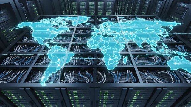 Data center servers with a world map overlay representing global connectivity.