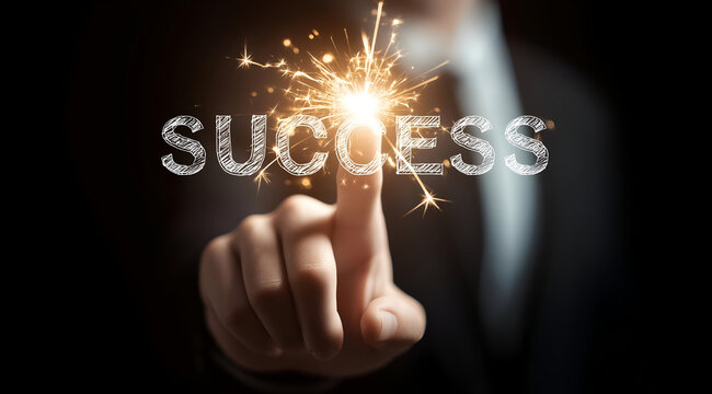 A person pointing to the word 'Success' illuminated by sparkles, symbolizing achievement and goals in a professional setting.