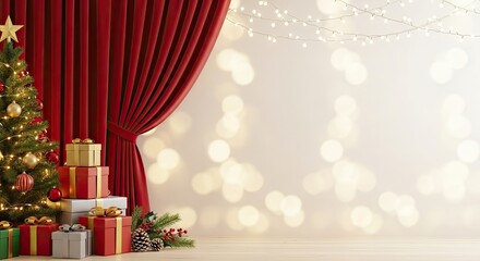 Christmas tree with red curtains and presents in front of a white wall with fairy lights.