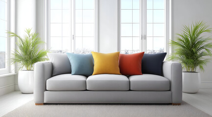 Fototapeta premium A modern living room featuring a stylish gray sofa adorned with colorful cushions, surrounded by bright natural light and plants.