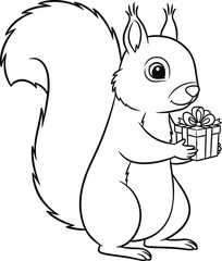 Cute Squirrel Holding Gift Coloring Page – Christmas Animal Illustration for Kids
