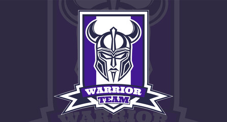 Vector gaming emblem. Graphic coat of arms or sticker. Shield, horned military ancient helmet and ribbon. Warrior team. Sports games. Dark and white