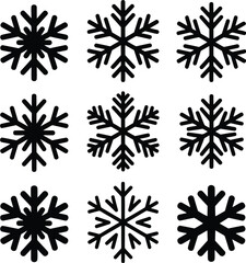 A collection of nine distinct black snowflake shapes arranged in rows on a clean white background