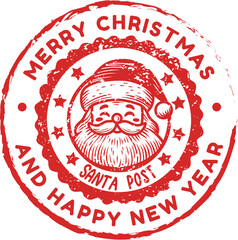 Vintage Circle Merry Christmas Santa Claus Post Stamp Design Illustration