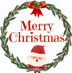 Watercolor Cute Christmas Wreath Illustration with Santa and Merry Christmas Message