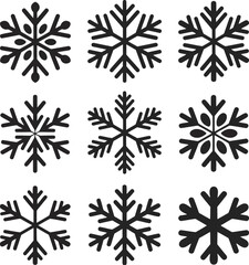 Collection of black minimalist snowflake icons against a clean white background for winter decoration