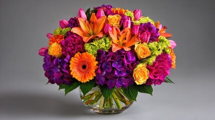 Fototapeta premium Vibrant floral arrangement in a glass vase displays colorful blooms and foliage.
