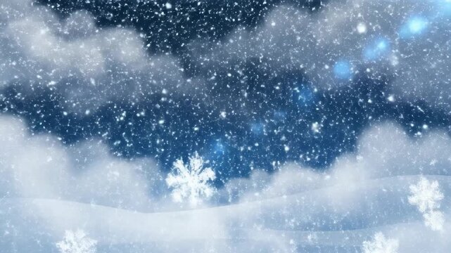 Abstract winter scene with falling snowflakes and cloudy sky