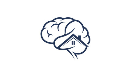 A stylized brain with a house integrated into its structure, representing concepts of home, mind, and thought.