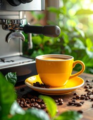 Espresso machine beside yellow coffee cup on a wooden table