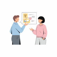 Two people discussing a business plan with charts and ideas.