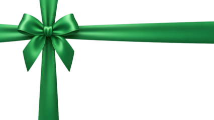 A beautiful green satin bow and ribbon cross isolated on a transparent background for gift wrapping