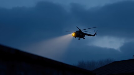 Silhouette of a figure running across a rooftop with a helicopter in twilight sky
