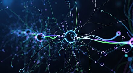 A vibrant, abstract neural network with colorful tendrils and nodes against a dark background.