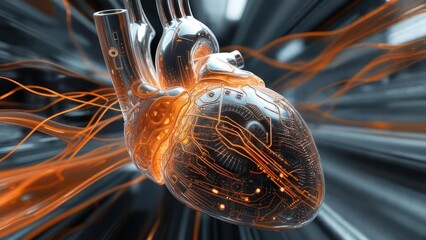 Abstract Digital Heart with Glowing Orange Energy Streams.