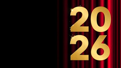 Golden 2026 Numbers on Red Curtain Background for New Year Celebration